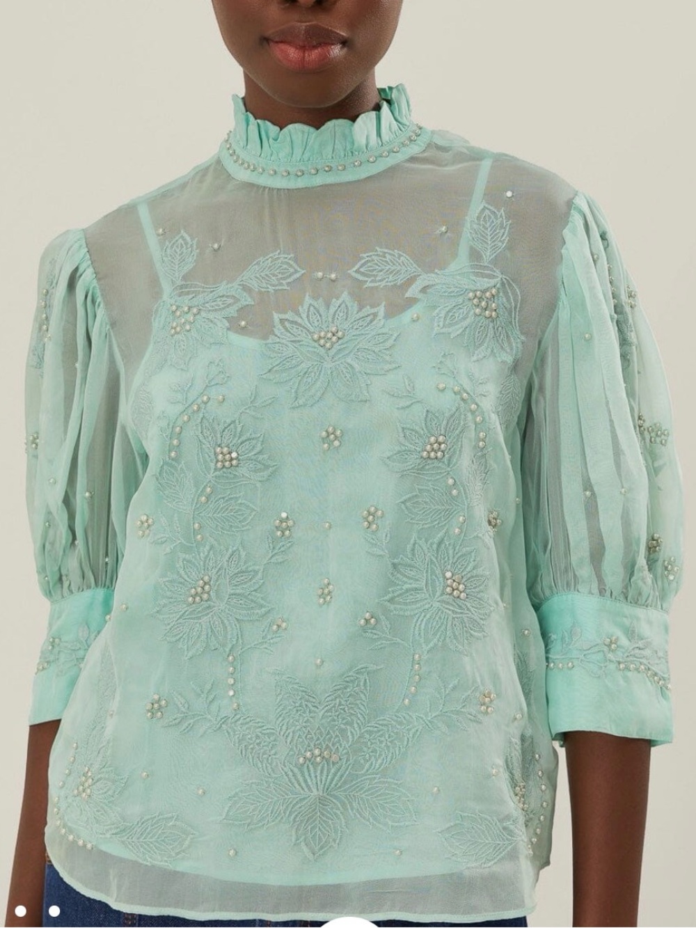 FARM RIO Embellished Mint Green Sheer Blouse with Puff Sleeves Size S